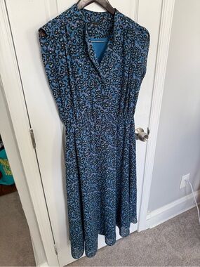 Ann Taylor Blue and Black Floral Print Midi Dress